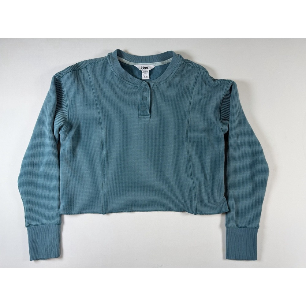 Athleta Girl Cropped Waffle Sweatshirt XL 14 Blue Pullover Preppy Casual